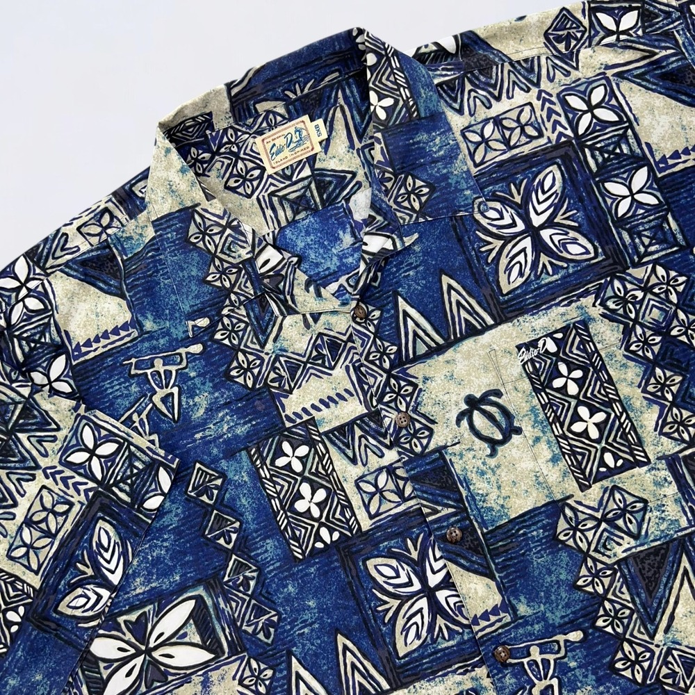 Vintage Eddie D Shirt Men's 5XB Big Blue Tribal Button Up Short Sleeve Camp